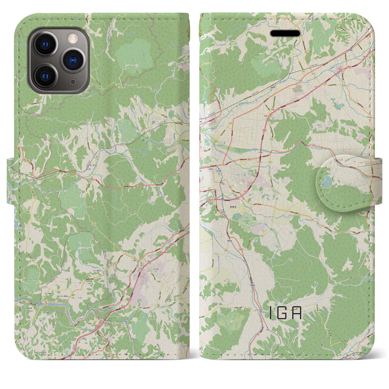 【伊賀】地図柄iPhoneケース（手帳両面タイプ・ナチュラル）iPhone 11 Pro Max 用