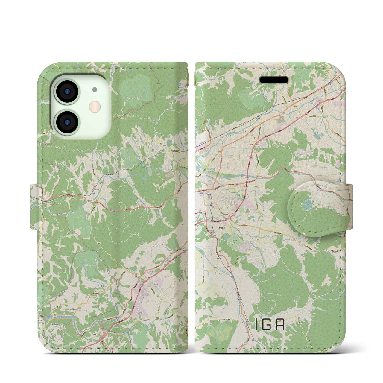 【伊賀】地図柄iPhoneケース（手帳両面タイプ・ナチュラル）iPhone 12 mini 用