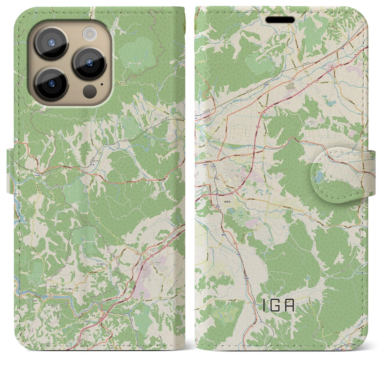 【伊賀】地図柄iPhoneケース（手帳両面タイプ・ナチュラル）iPhone 14 Pro Max 用