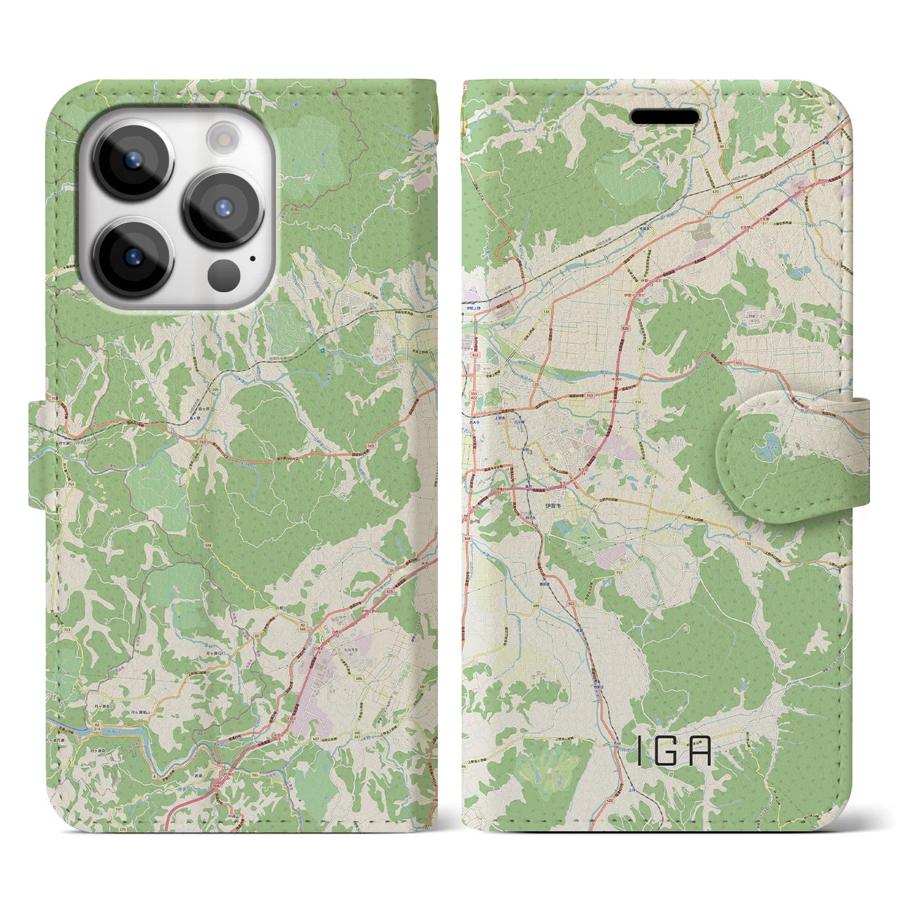 【伊賀】地図柄iPhoneケース（手帳両面タイプ・ナチュラル）iPhone 14 Pro 用