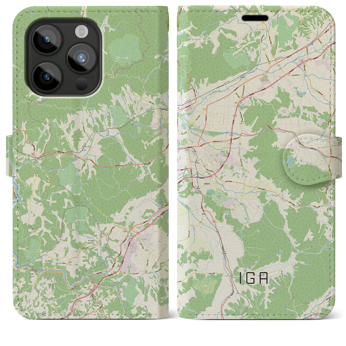 【伊賀】地図柄iPhoneケース（手帳両面タイプ・ナチュラル）iPhone 15 Pro Max 用