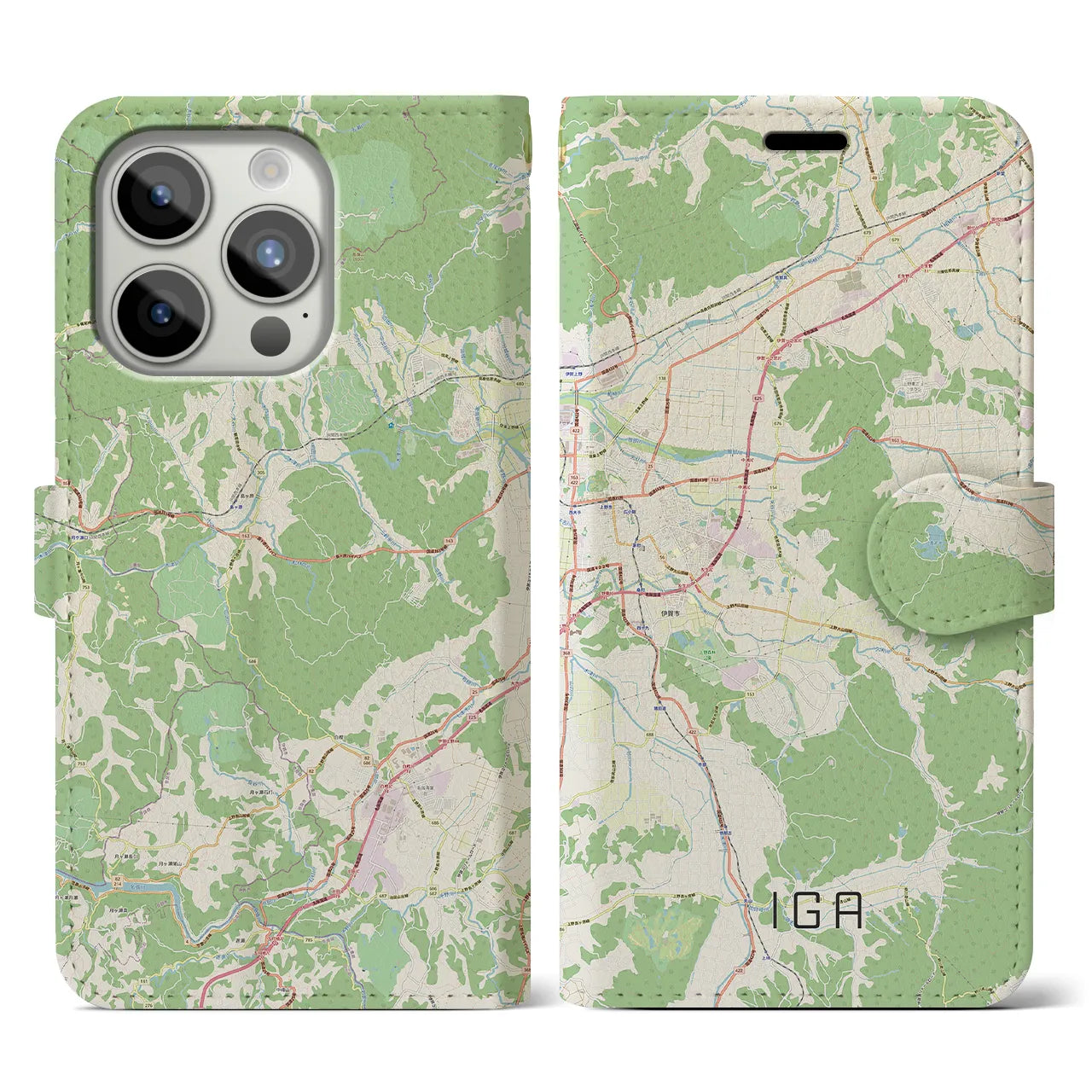 【伊賀】地図柄iPhoneケース（手帳両面タイプ・ナチュラル）iPhone 15 Pro 用