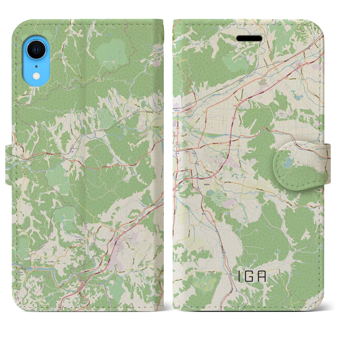 【伊賀】地図柄iPhoneケース（手帳両面タイプ・ナチュラル）iPhone XR 用