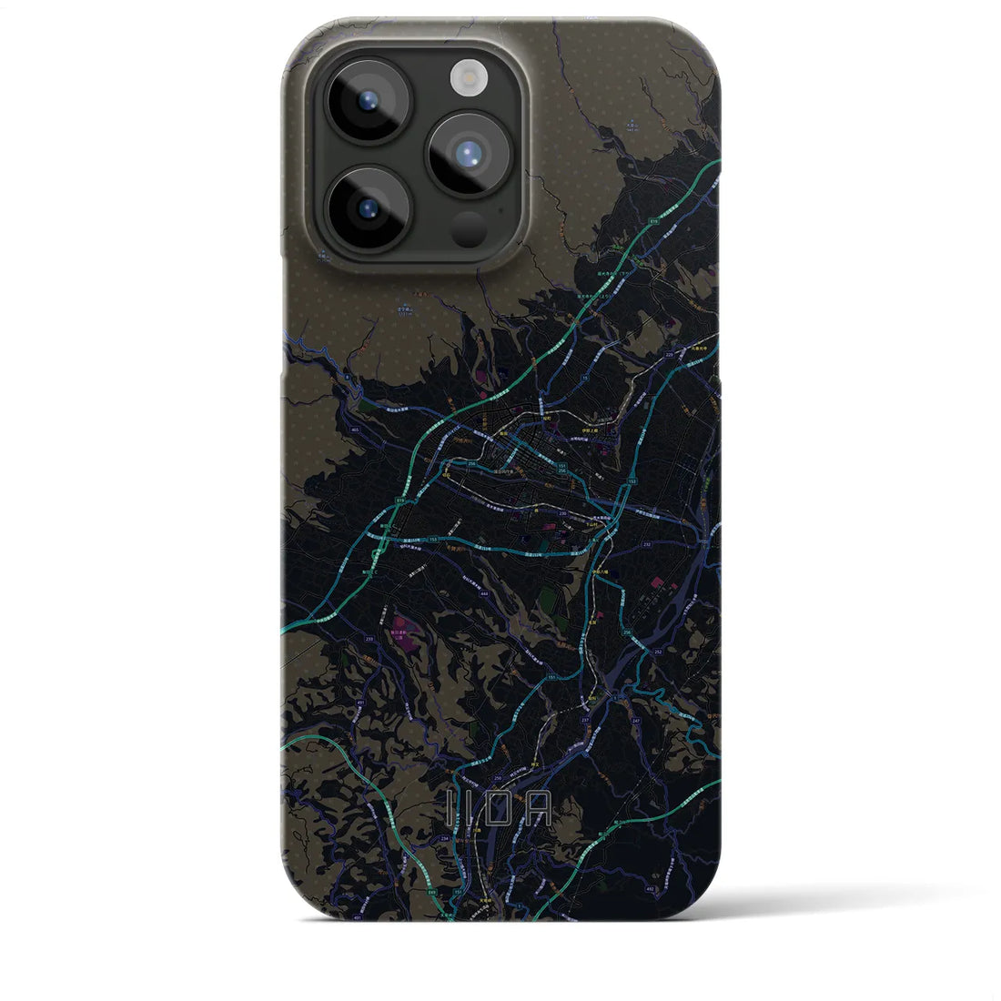 【飯田】地図柄iPhoneケース（バックカバータイプ・ブラック）iPhone 15 Pro Max 用