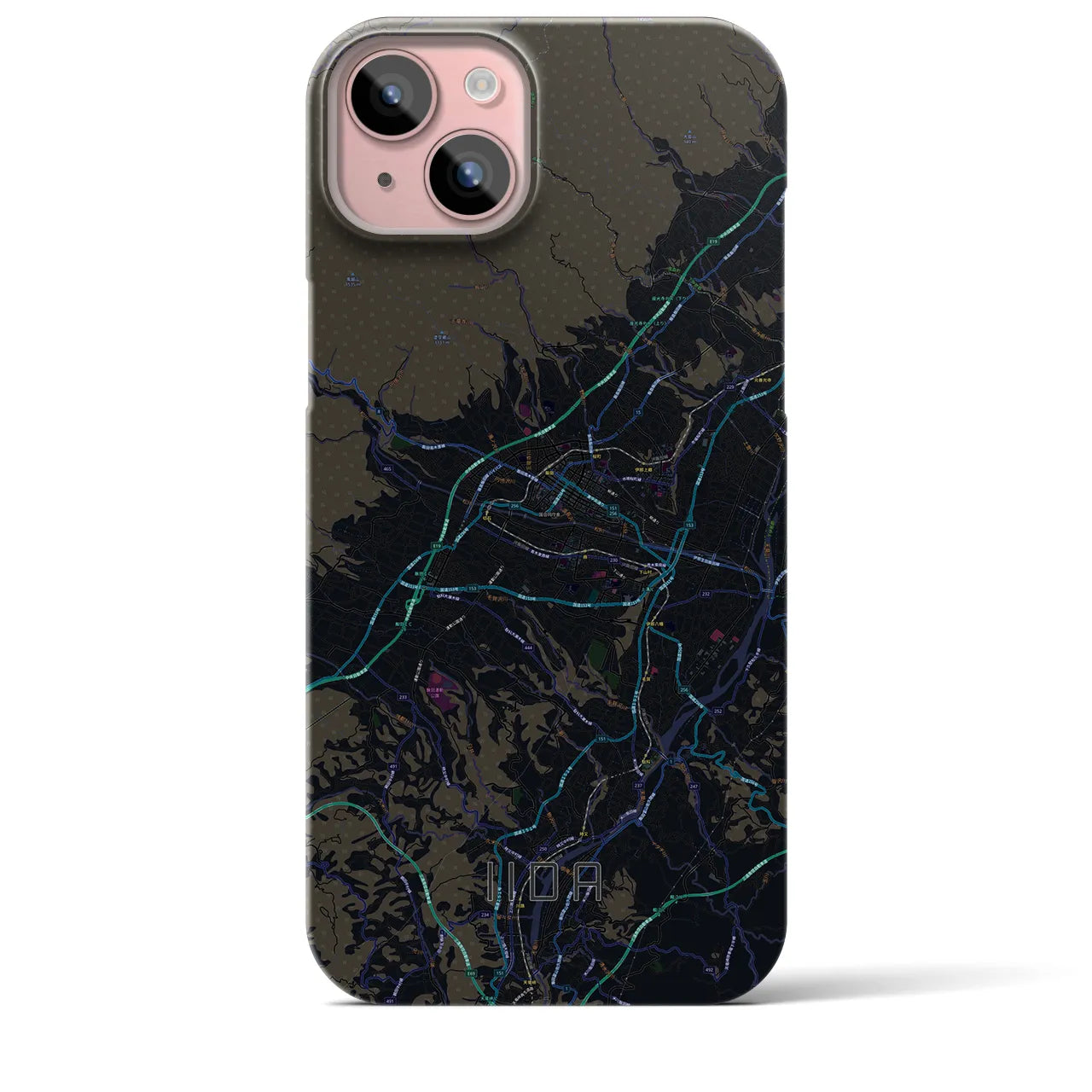 【飯田】地図柄iPhoneケース（バックカバータイプ・ブラック）iPhone 15 Plus 用