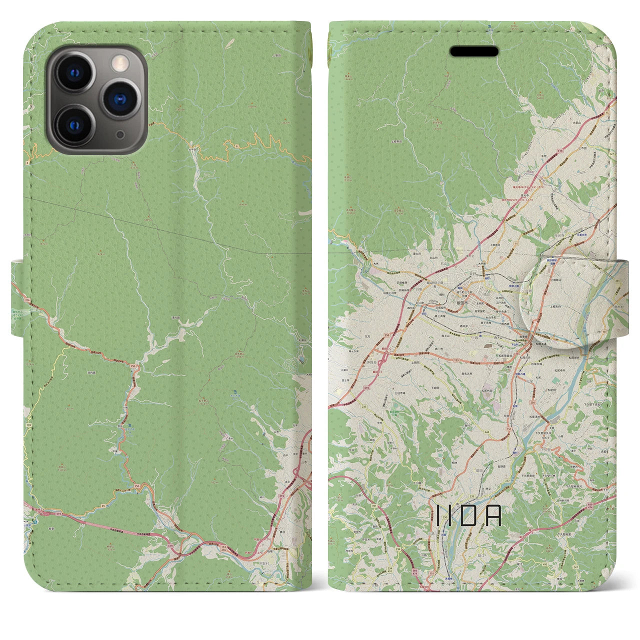 【飯田】地図柄iPhoneケース（手帳両面タイプ・ナチュラル）iPhone 11 Pro Max 用