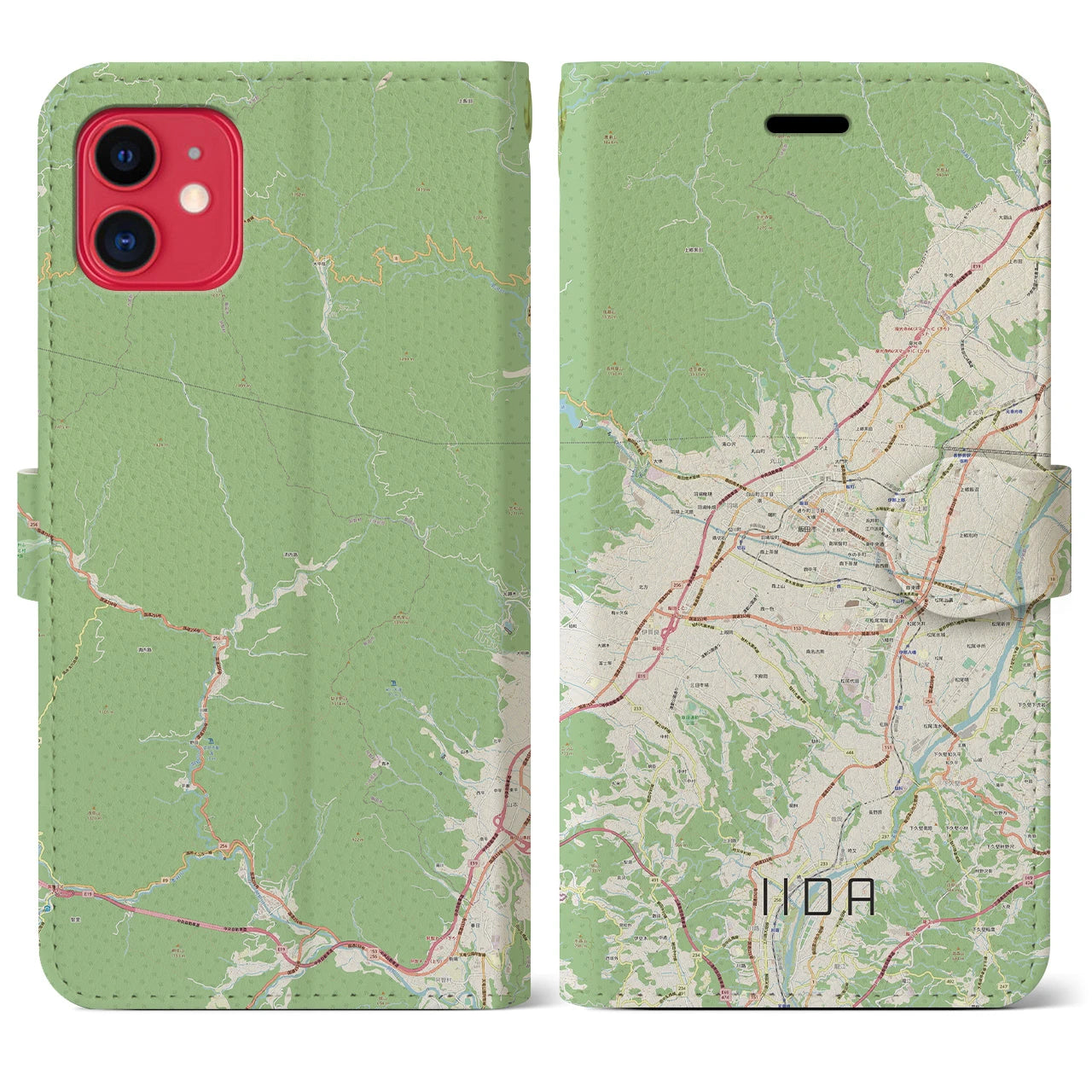 【飯田】地図柄iPhoneケース（手帳両面タイプ・ナチュラル）iPhone 11 用