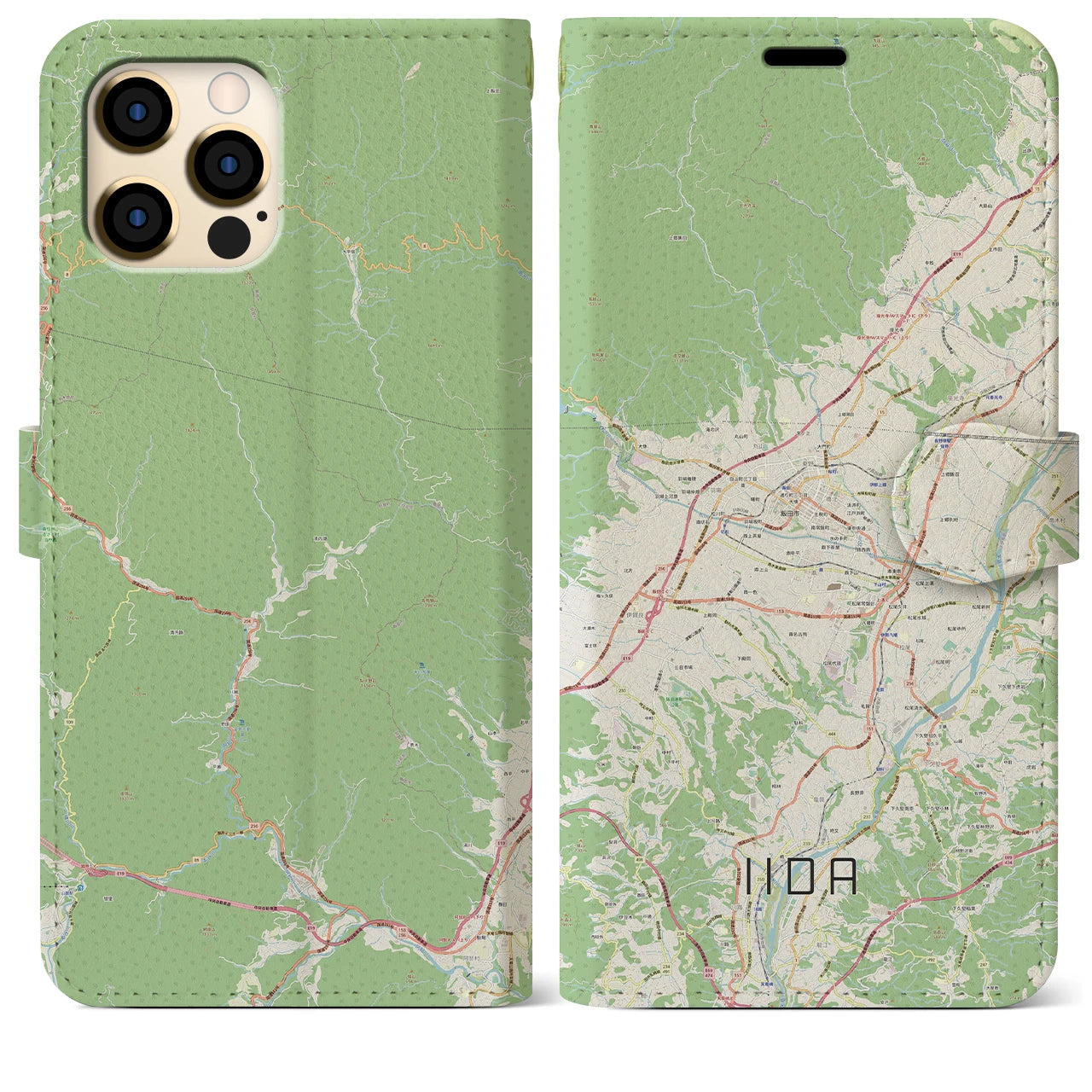 【飯田】地図柄iPhoneケース（手帳両面タイプ・ナチュラル）iPhone 12 Pro Max 用