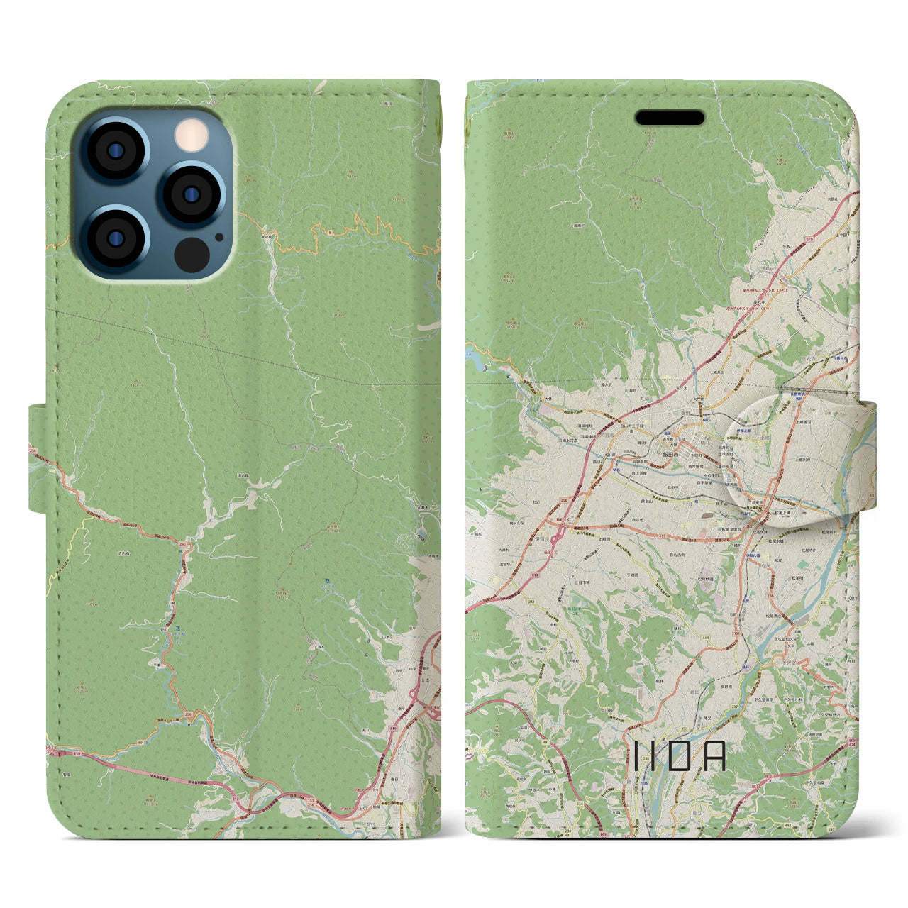 【飯田】地図柄iPhoneケース（手帳両面タイプ・ナチュラル）iPhone 12 / 12 Pro 用