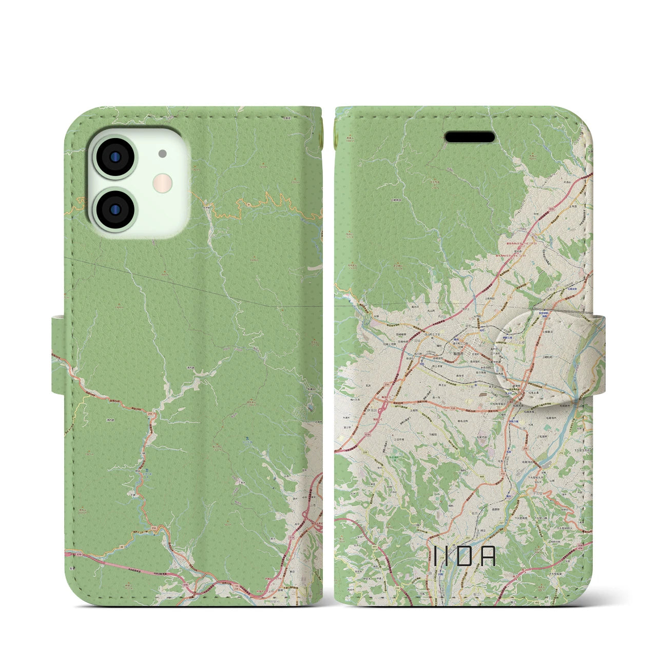 【飯田】地図柄iPhoneケース（手帳両面タイプ・ナチュラル）iPhone 12 mini 用