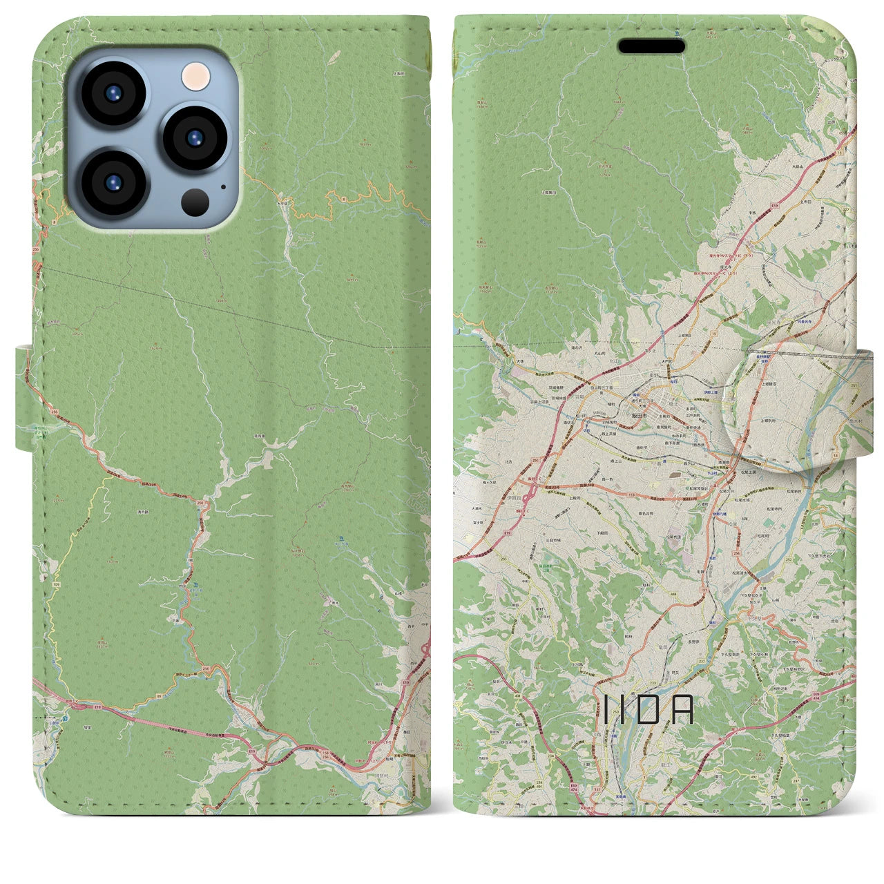 【飯田】地図柄iPhoneケース（手帳両面タイプ・ナチュラル）iPhone 13 Pro Max 用