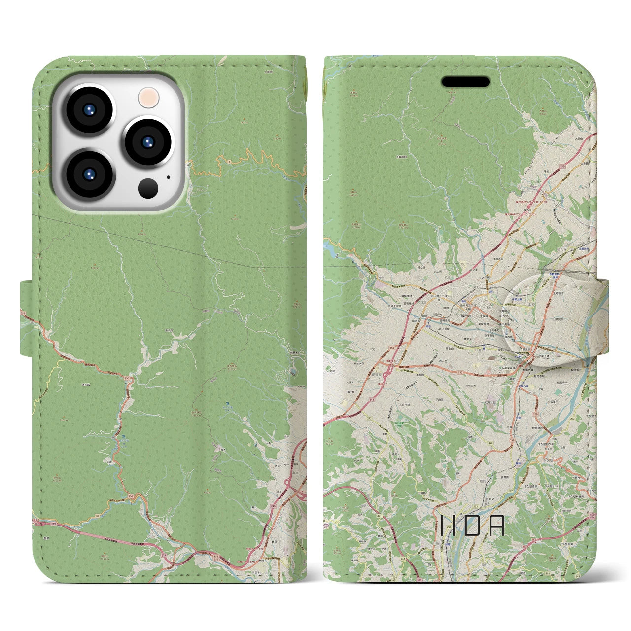 【飯田】地図柄iPhoneケース（手帳両面タイプ・ナチュラル）iPhone 13 Pro 用