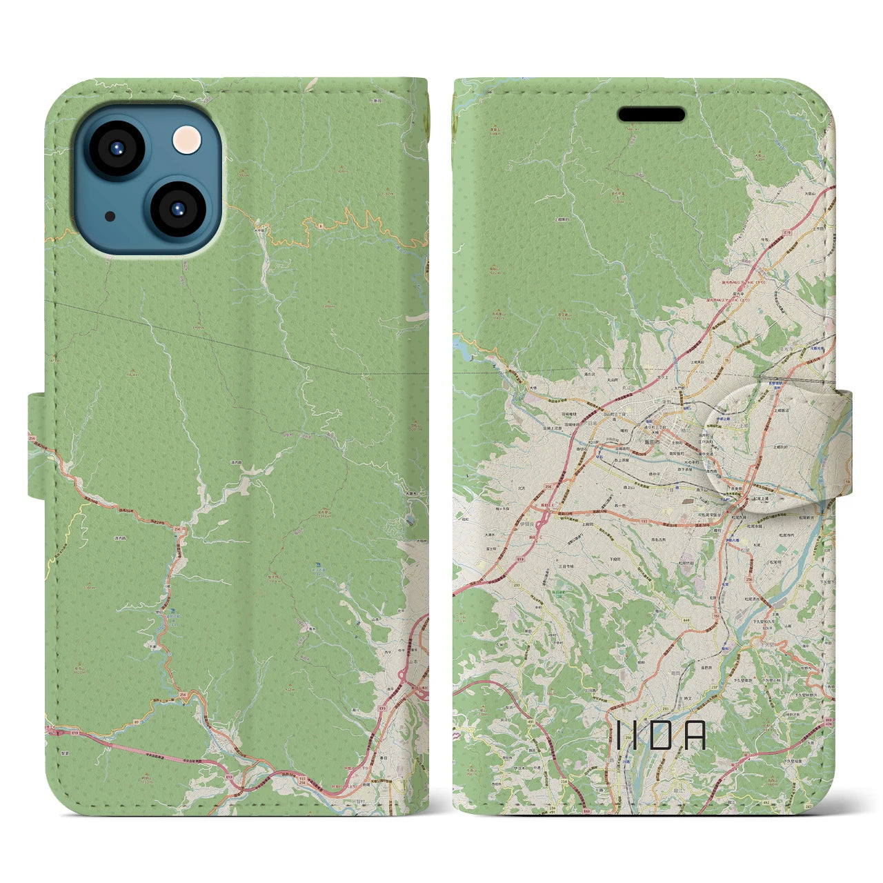 【飯田】地図柄iPhoneケース（手帳両面タイプ・ナチュラル）iPhone 13 用