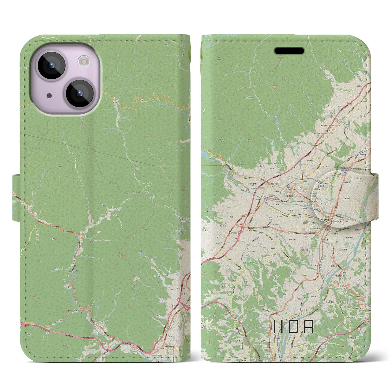 【飯田】地図柄iPhoneケース（手帳両面タイプ・ナチュラル）iPhone 14 用