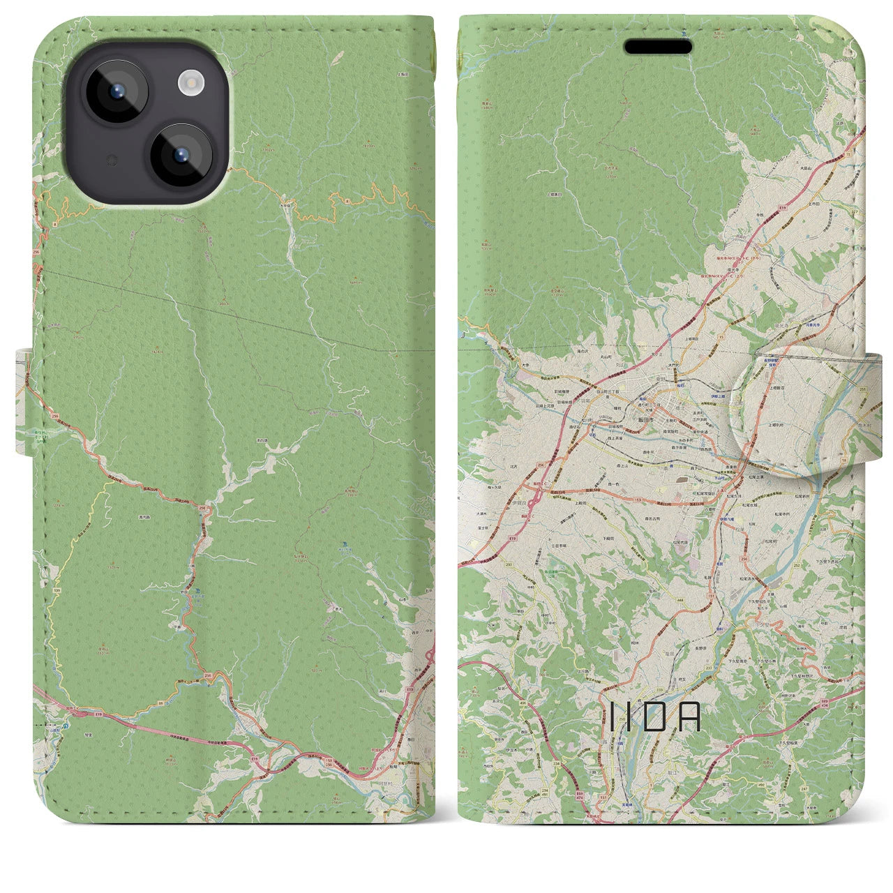 【飯田】地図柄iPhoneケース（手帳両面タイプ・ナチュラル）iPhone 14 Plus 用