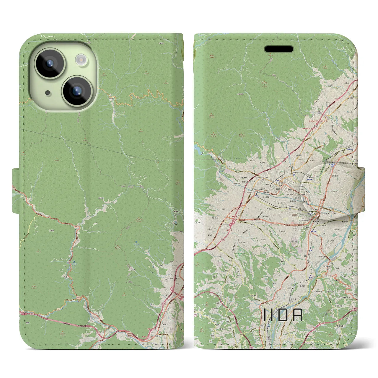 【飯田】地図柄iPhoneケース（手帳両面タイプ・ナチュラル）iPhone 15 用