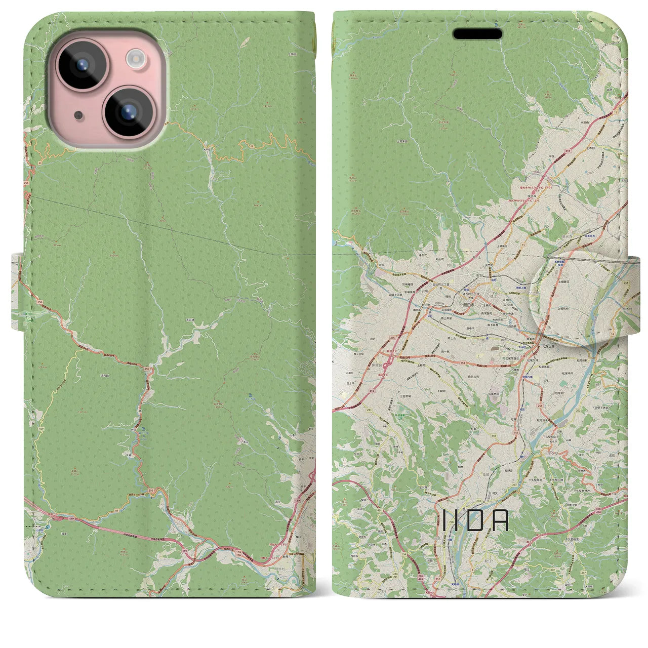 【飯田】地図柄iPhoneケース（手帳両面タイプ・ナチュラル）iPhone 15 Plus 用