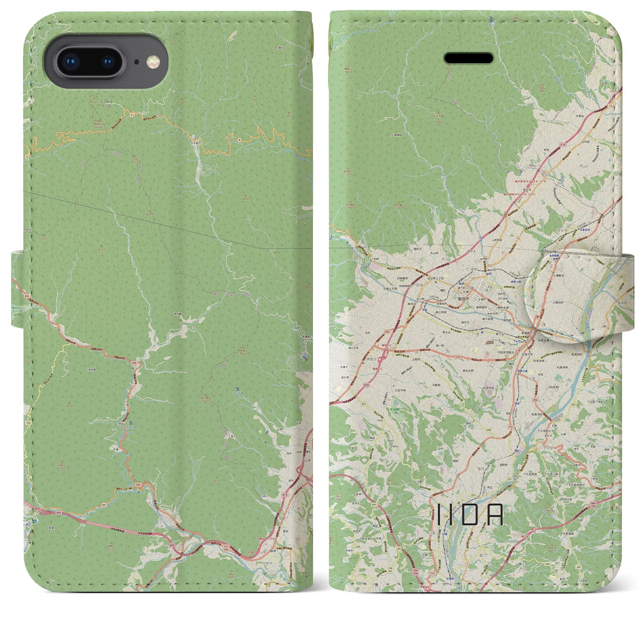 【飯田】地図柄iPhoneケース（手帳両面タイプ・ナチュラル）iPhone 8Plus /7Plus / 6sPlus / 6Plus 用