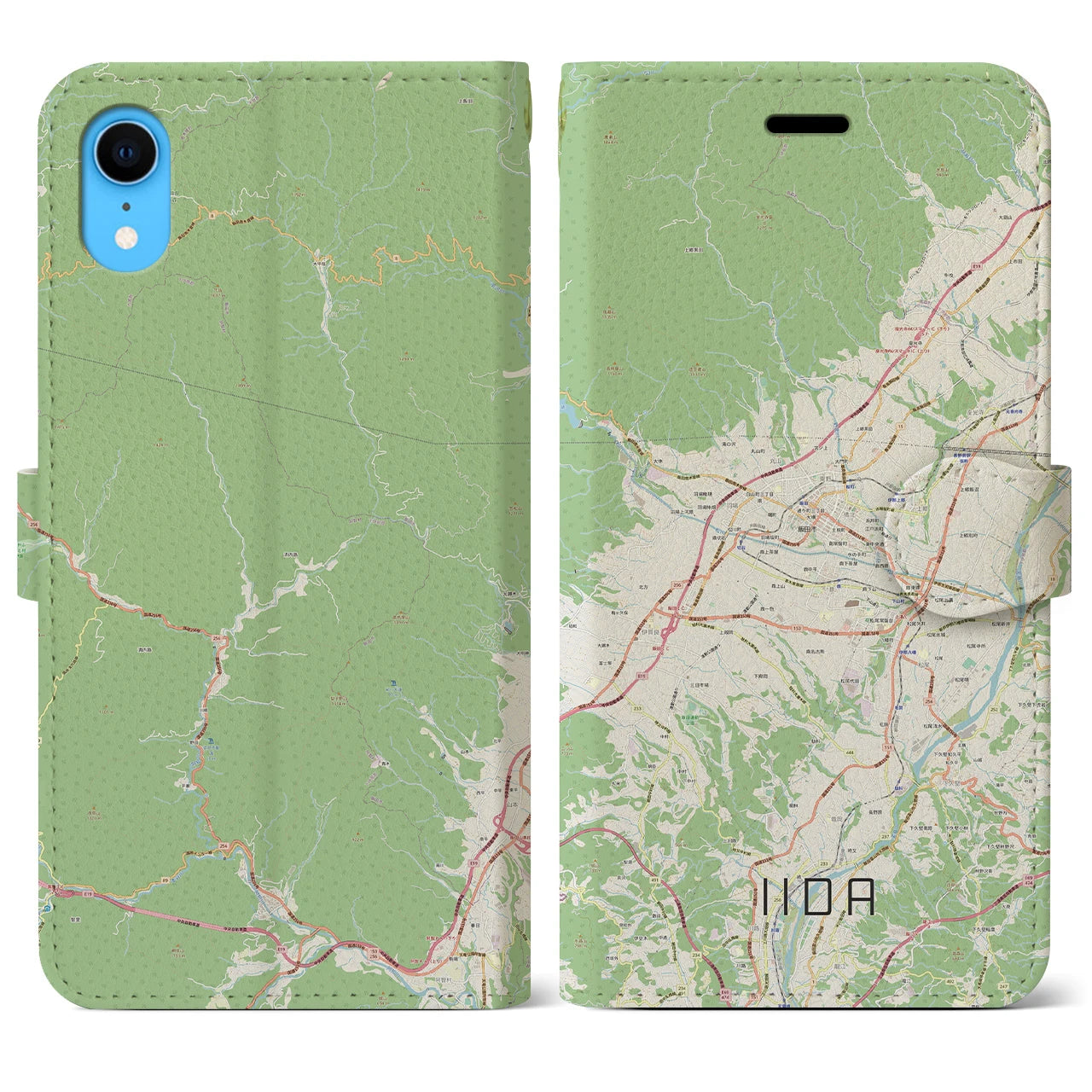 【飯田】地図柄iPhoneケース（手帳両面タイプ・ナチュラル）iPhone XR 用