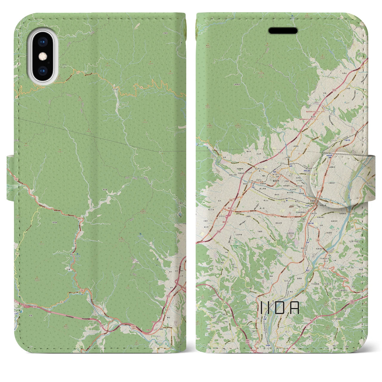 【飯田】地図柄iPhoneケース（手帳両面タイプ・ナチュラル）iPhone XS Max 用