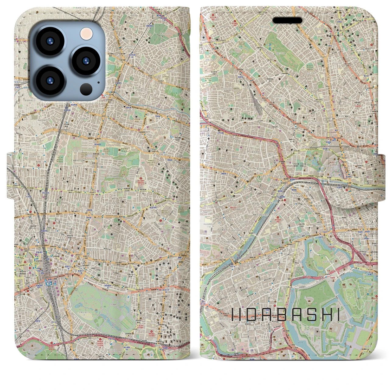 【飯田橋】地図柄iPhoneケース（手帳両面タイプ・ナチュラル）iPhone 13 Pro Max 用