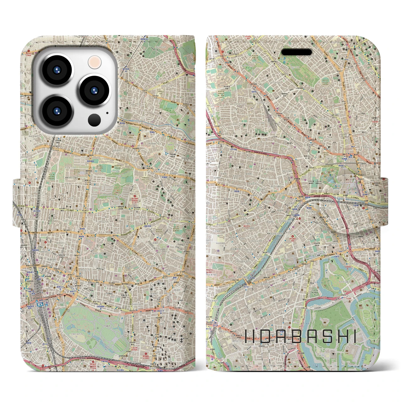 【飯田橋】地図柄iPhoneケース（手帳両面タイプ・ナチュラル）iPhone 13 Pro 用