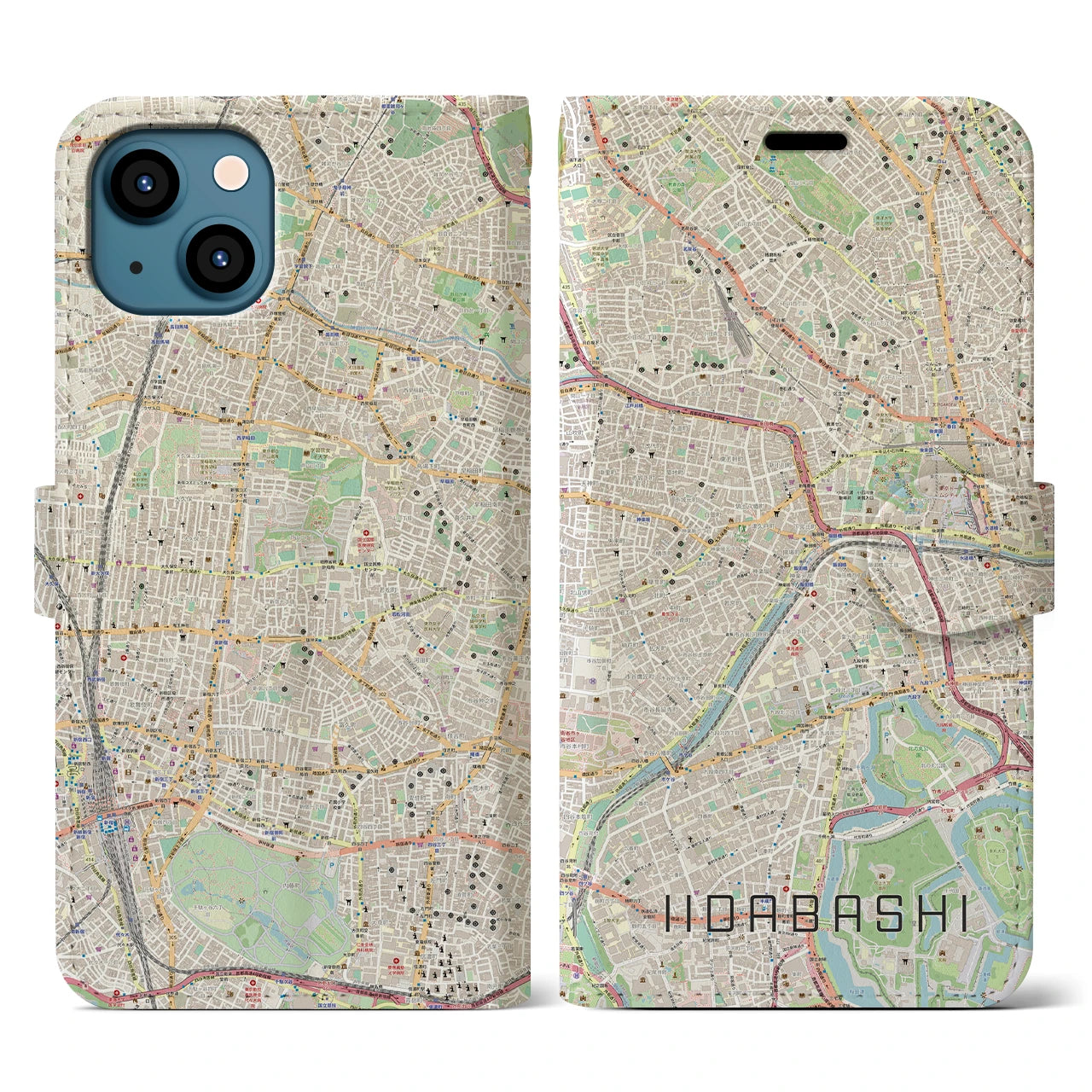 【飯田橋】地図柄iPhoneケース（手帳両面タイプ・ナチュラル）iPhone 13 用
