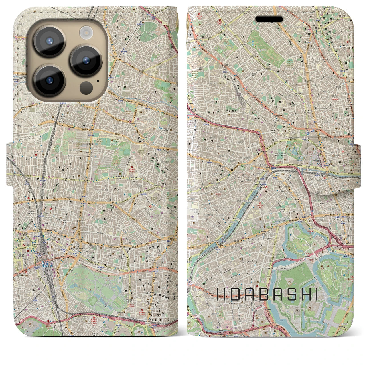 【飯田橋】地図柄iPhoneケース（手帳両面タイプ・ナチュラル）iPhone 14 Pro Max 用