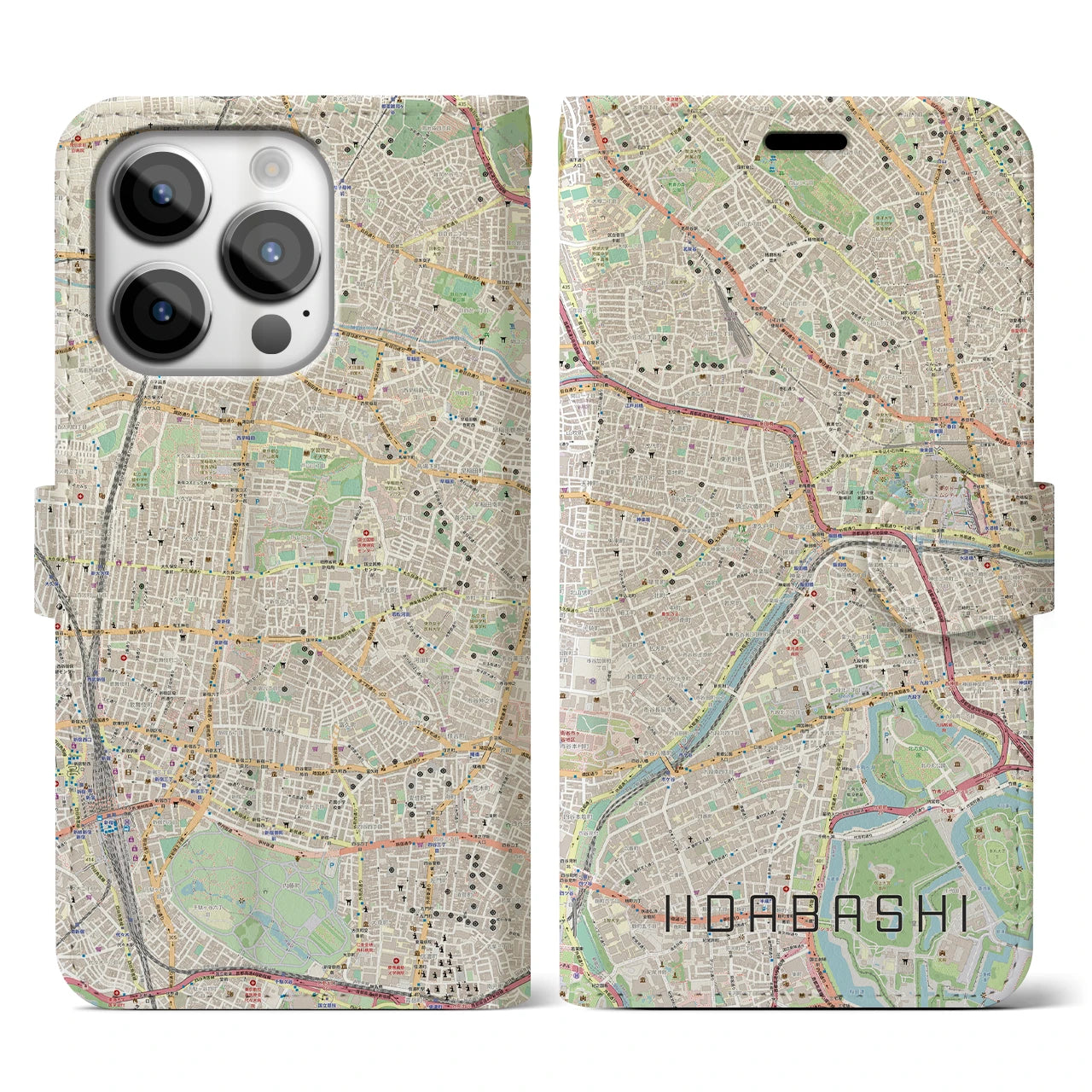 【飯田橋】地図柄iPhoneケース（手帳両面タイプ・ナチュラル）iPhone 14 Pro 用