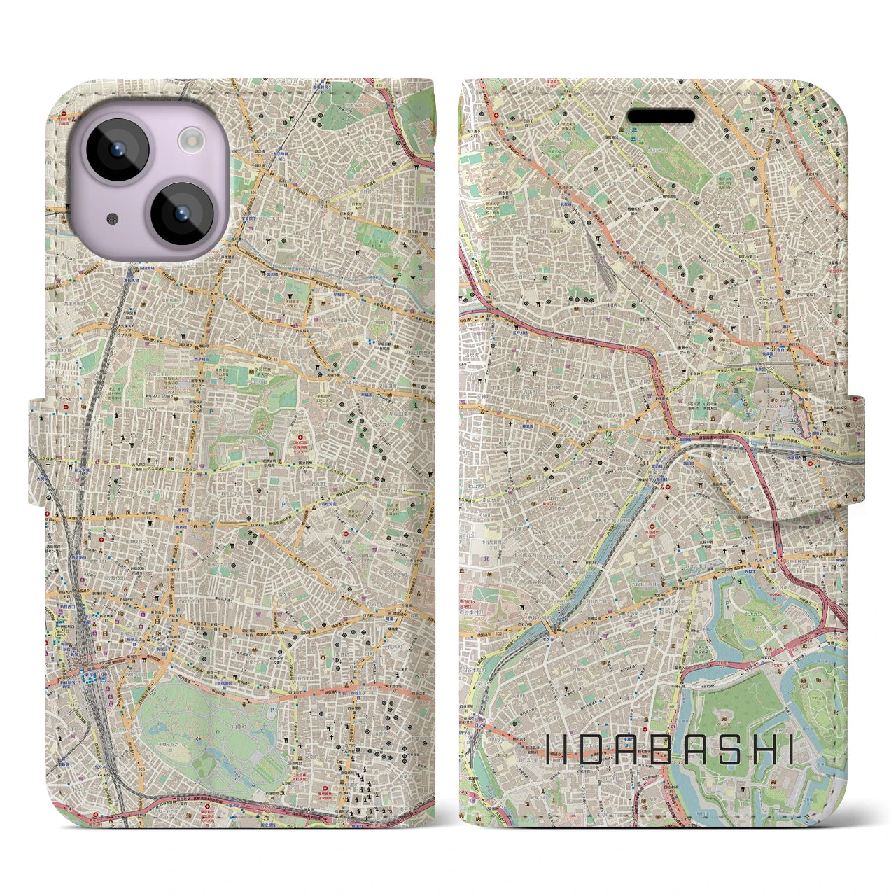 【飯田橋】地図柄iPhoneケース（手帳両面タイプ・ナチュラル）iPhone 14 用