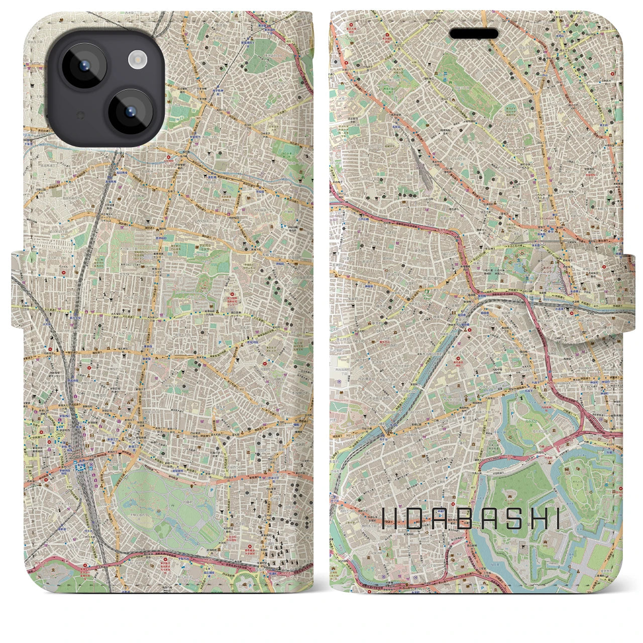 【飯田橋】地図柄iPhoneケース（手帳両面タイプ・ナチュラル）iPhone 14 Plus 用