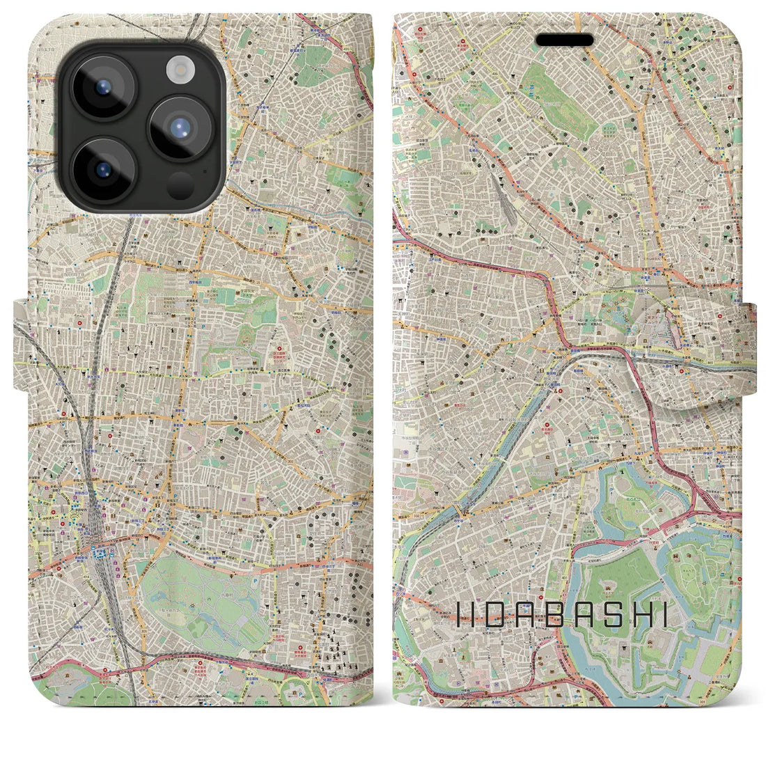 【飯田橋】地図柄iPhoneケース（手帳両面タイプ・ナチュラル）iPhone 15 Pro Max 用