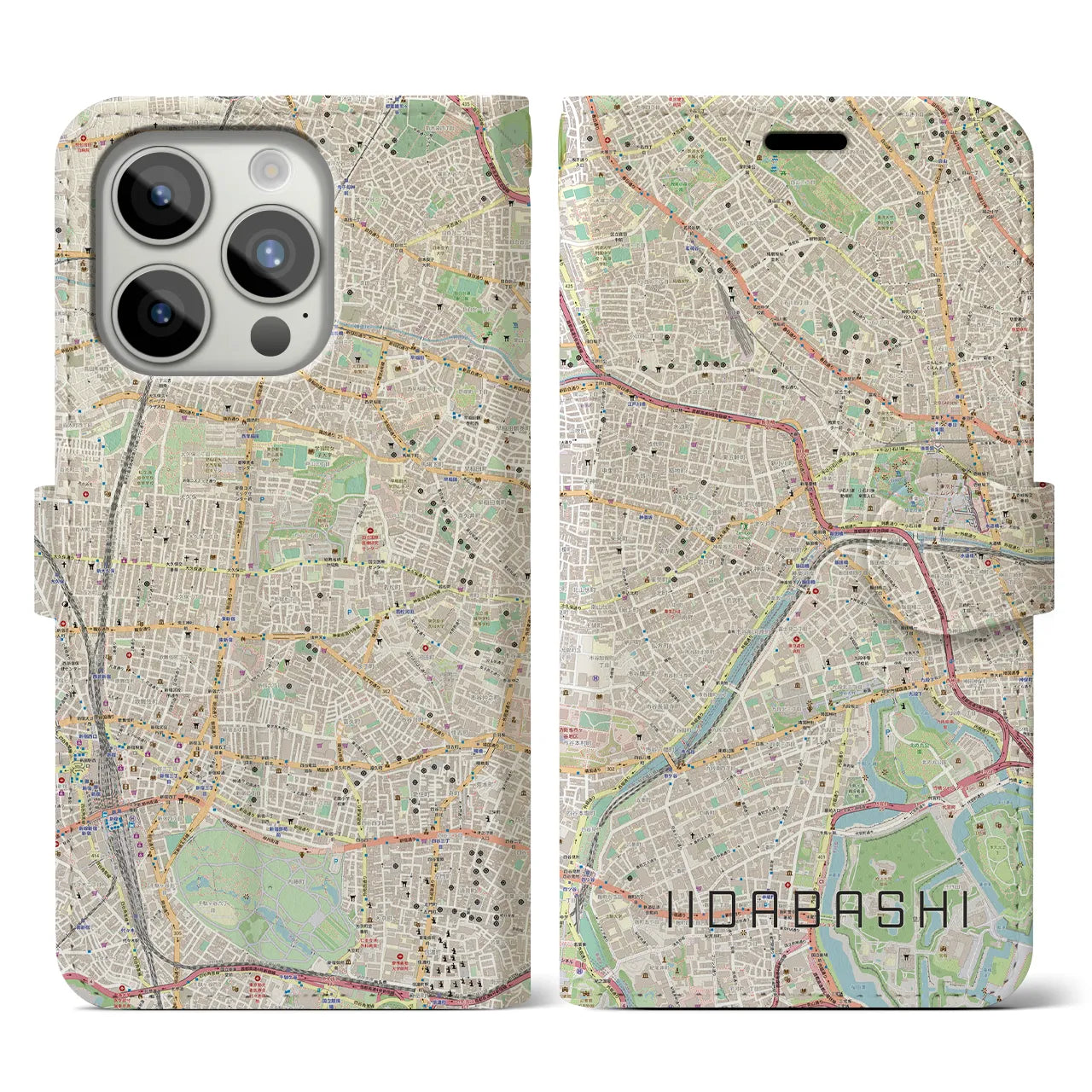 【飯田橋】地図柄iPhoneケース（手帳両面タイプ・ナチュラル）iPhone 15 Pro 用