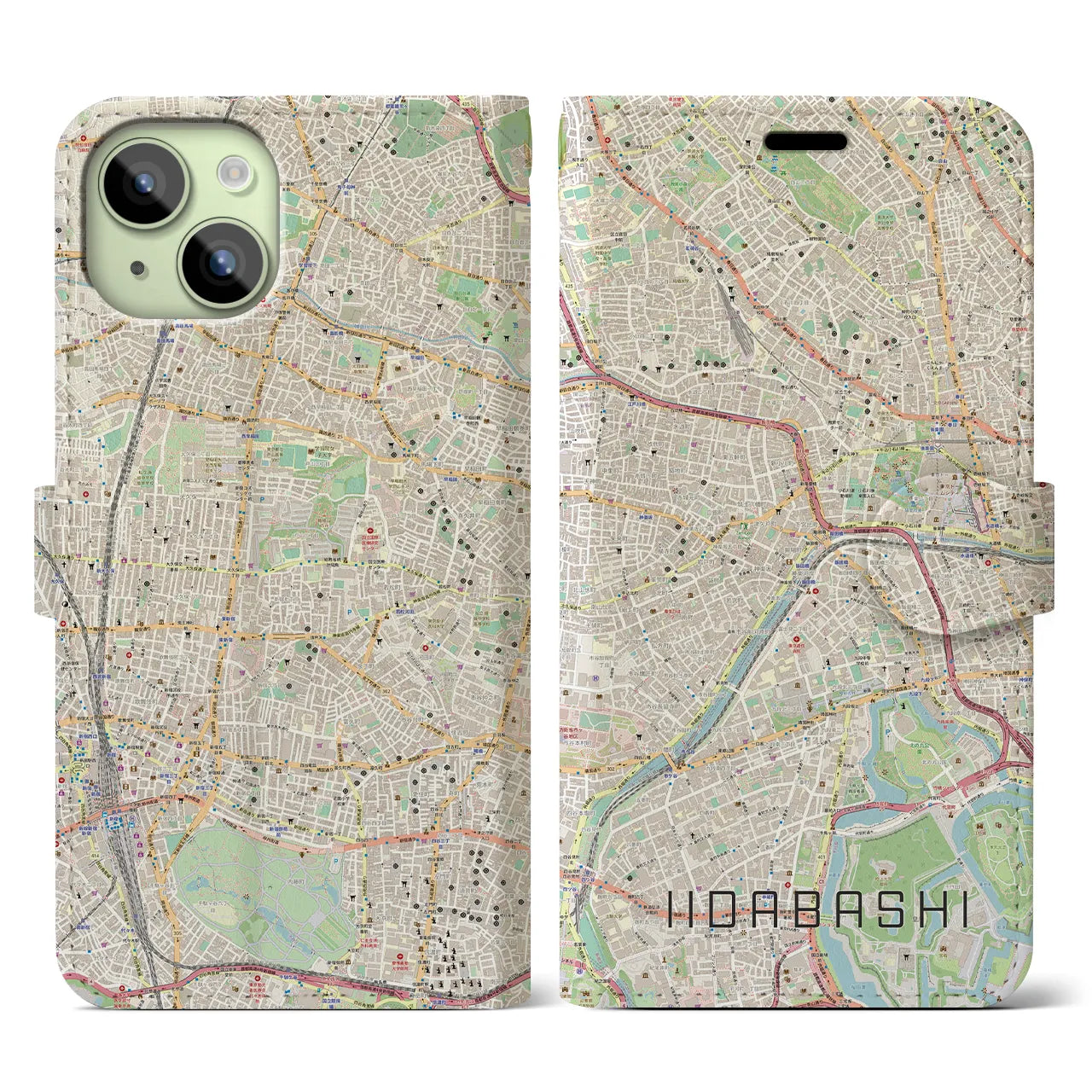 【飯田橋】地図柄iPhoneケース（手帳両面タイプ・ナチュラル）iPhone 15 用