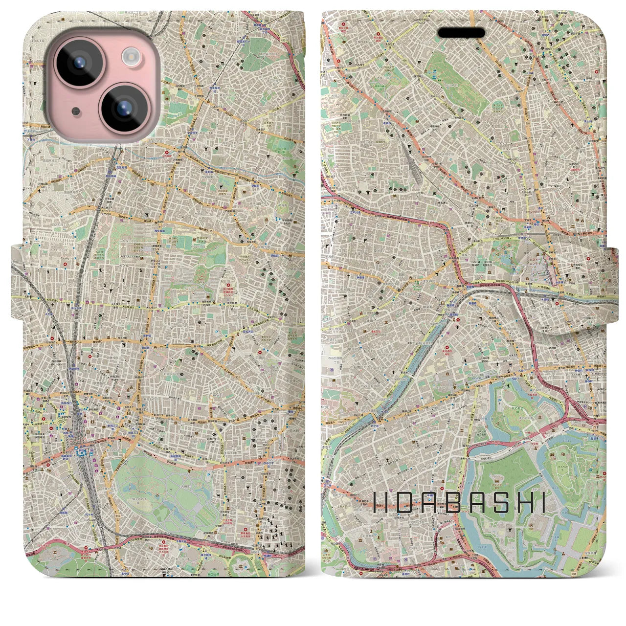 【飯田橋】地図柄iPhoneケース（手帳両面タイプ・ナチュラル）iPhone 15 Plus 用