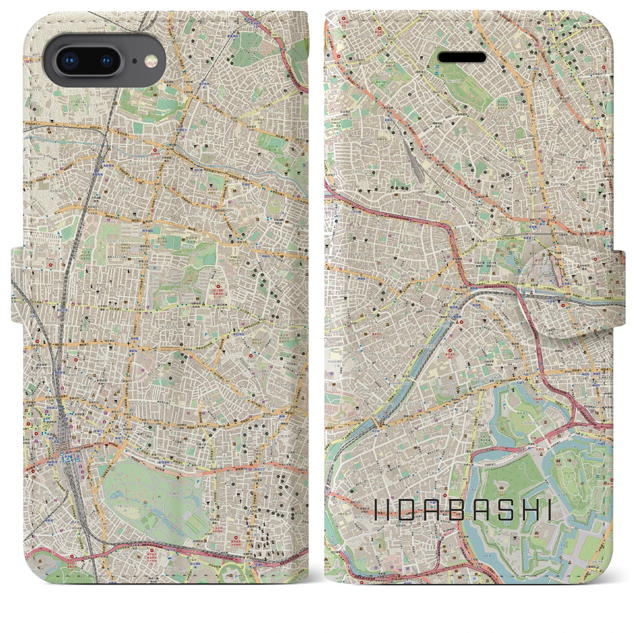 【飯田橋】地図柄iPhoneケース（手帳両面タイプ・ナチュラル）iPhone 8Plus /7Plus / 6sPlus / 6Plus 用