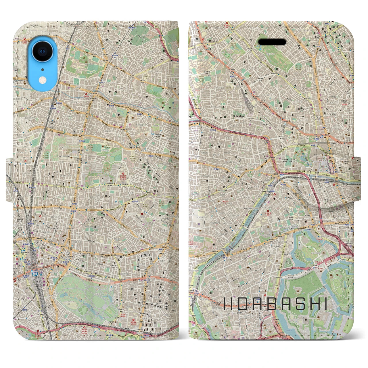 【飯田橋】地図柄iPhoneケース（手帳両面タイプ・ナチュラル）iPhone XR 用