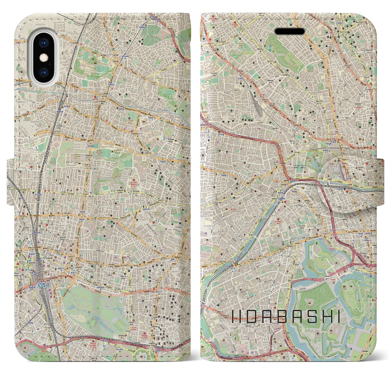 【飯田橋】地図柄iPhoneケース（手帳両面タイプ・ナチュラル）iPhone XS Max 用