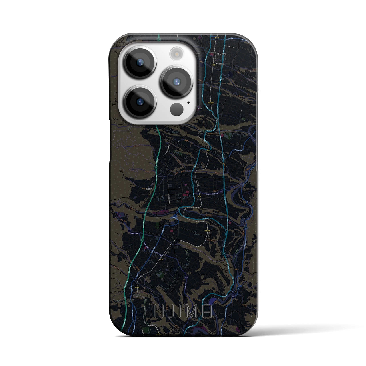 【飯島】地図柄iPhoneケース（バックカバータイプ・ブラック）iPhone 14 Pro 用
