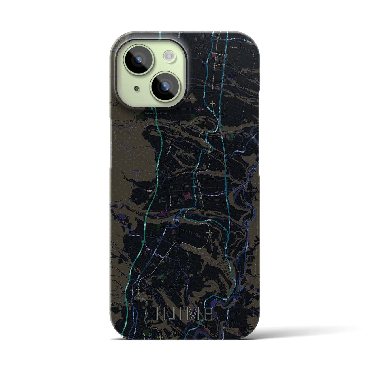 【飯島】地図柄iPhoneケース（バックカバータイプ・ブラック）iPhone 15 用