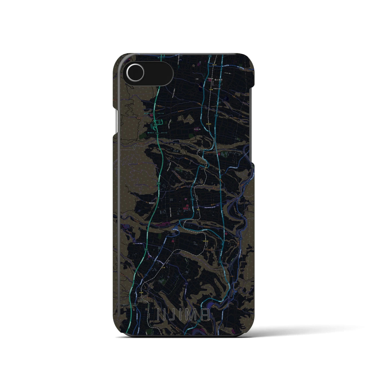【飯島】地図柄iPhoneケース（バックカバータイプ・ブラック）iPhone SE（第3 / 第2世代） / 8 / 7 / 6s / 6 用