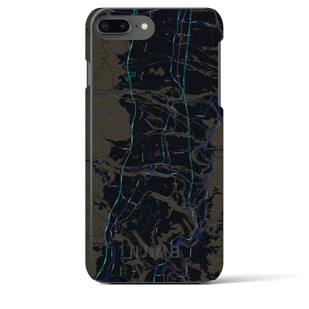 【飯島】地図柄iPhoneケース（バックカバータイプ・ブラック）iPhone 8Plus /7Plus / 6sPlus / 6Plus 用