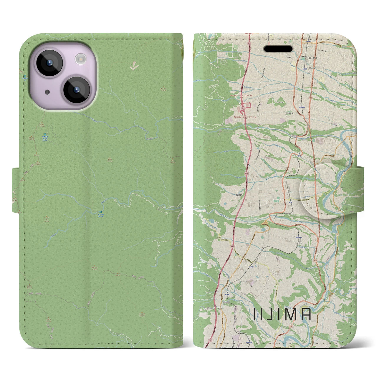 【飯島】地図柄iPhoneケース（手帳両面タイプ・ナチュラル）iPhone 14 用