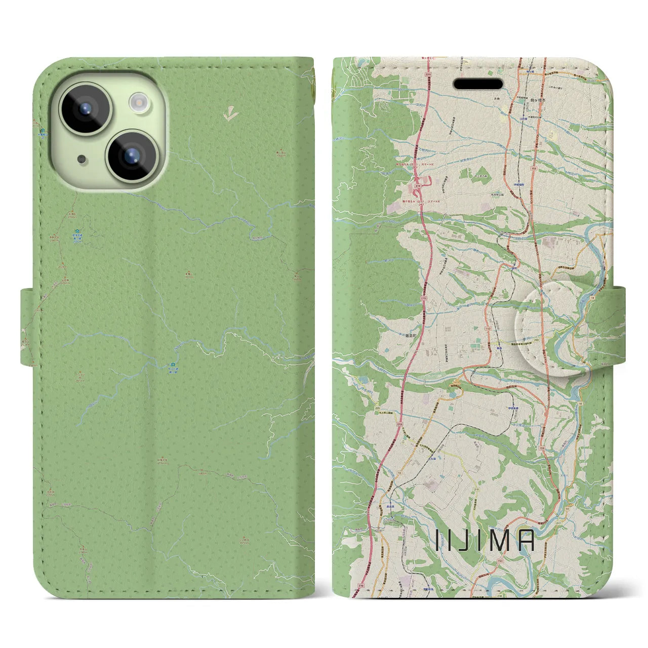 【飯島】地図柄iPhoneケース（手帳両面タイプ・ナチュラル）iPhone 15 用