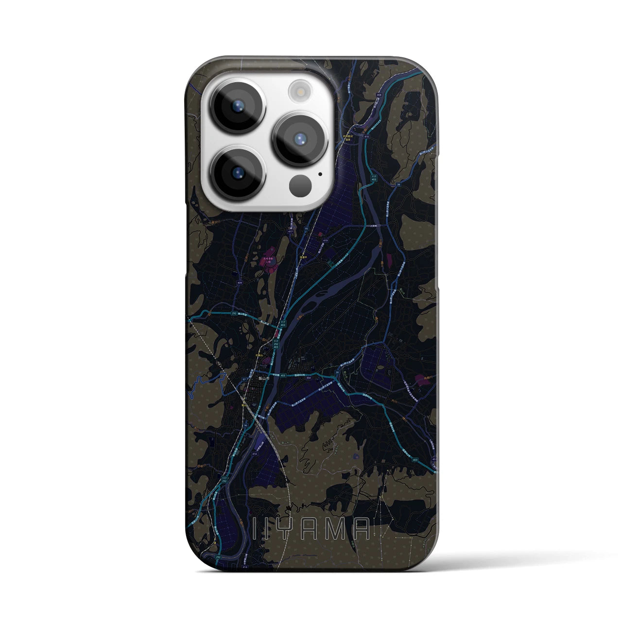 【飯山】地図柄iPhoneケース（バックカバータイプ・ブラック）iPhone 14 Pro 用