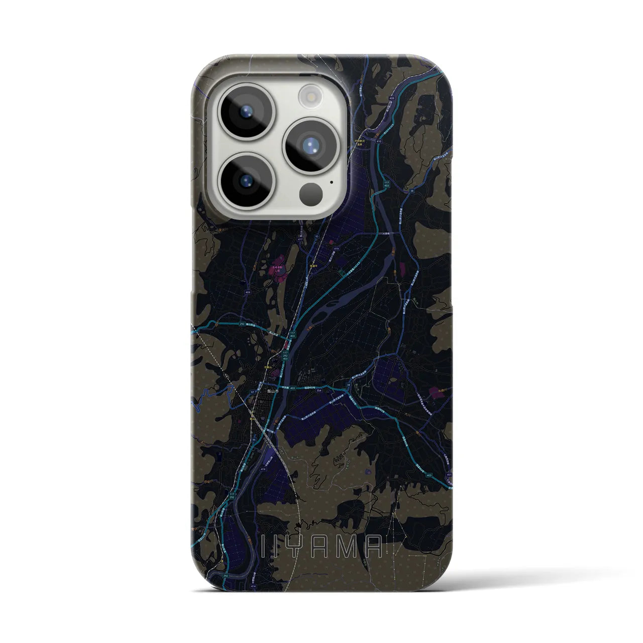 【飯山】地図柄iPhoneケース（バックカバータイプ・ブラック）iPhone 15 Pro 用