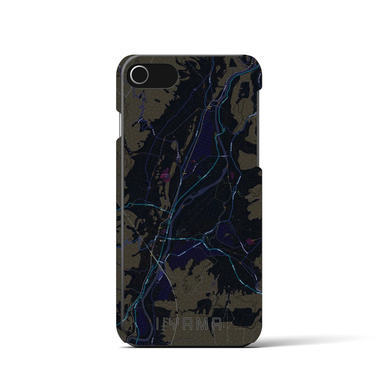 【飯山】地図柄iPhoneケース（バックカバータイプ・ブラック）iPhone SE（第3 / 第2世代） / 8 / 7 / 6s / 6 用