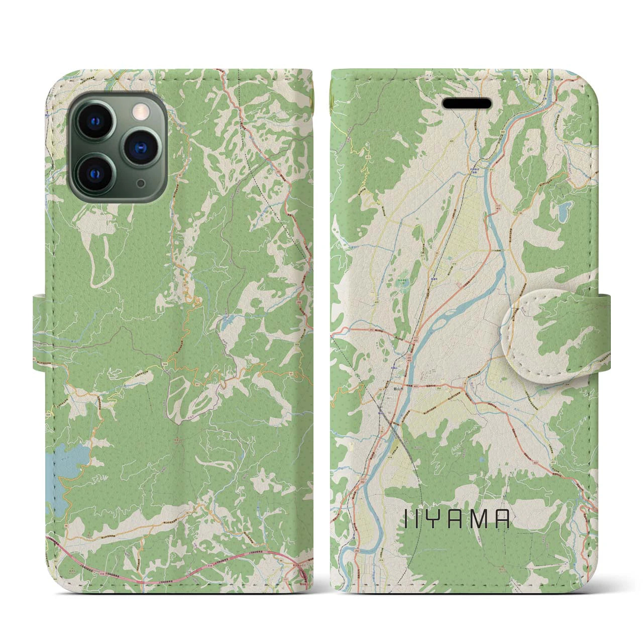 【飯山】地図柄iPhoneケース（手帳両面タイプ・ナチュラル）iPhone 11 Pro 用