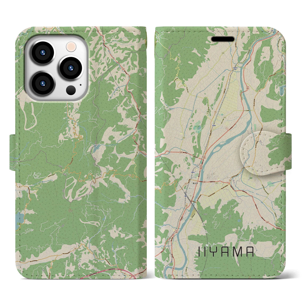 【飯山】地図柄iPhoneケース（手帳両面タイプ・ナチュラル）iPhone 13 Pro 用