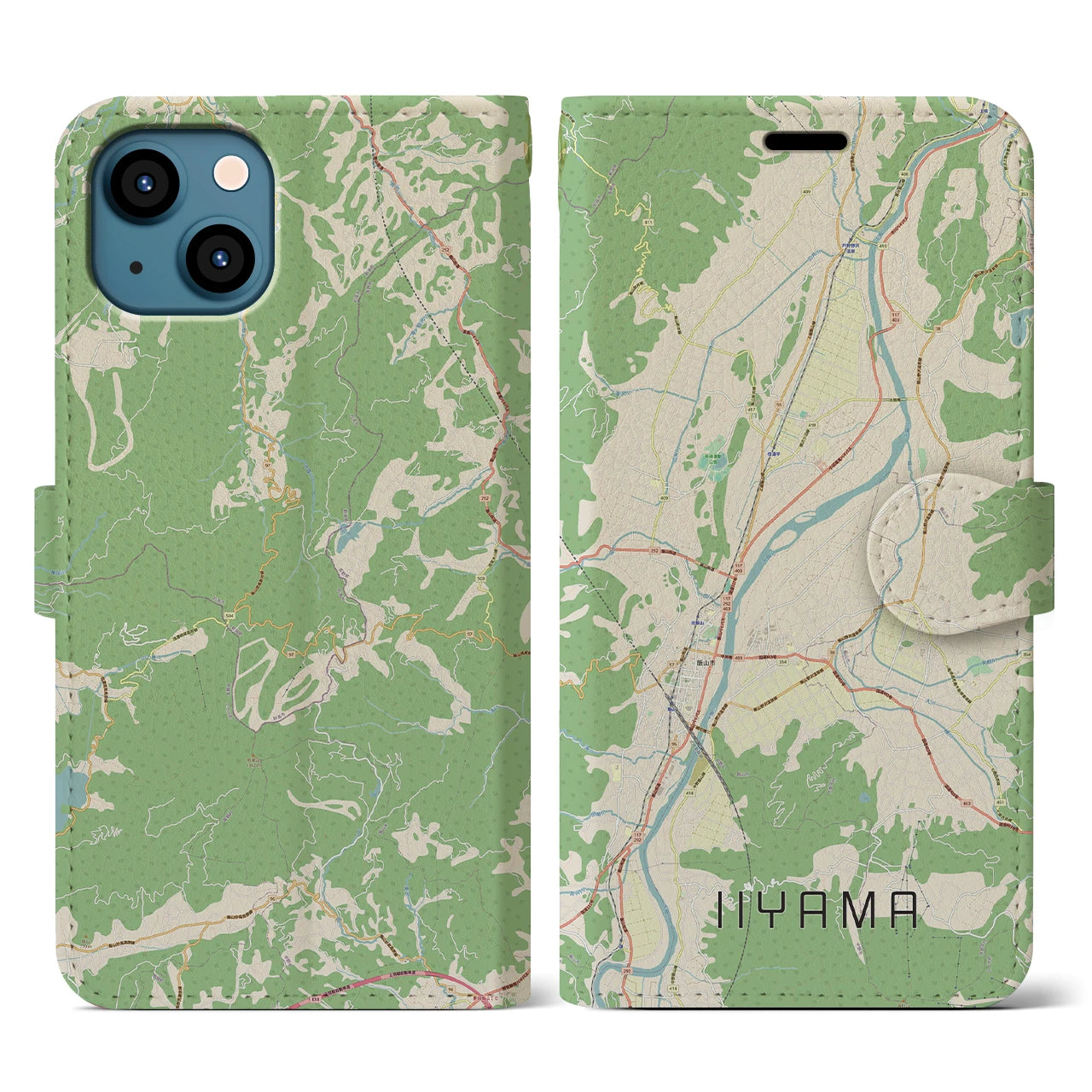 【飯山】地図柄iPhoneケース（手帳両面タイプ・ナチュラル）iPhone 13 用